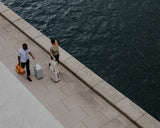A man and a woman are walking along a paved waterfront, each carrying Monos luggage. The man is holding a Metro Duffel in Saddle Tan (Vegan Leather) while pulling a Hybrid Carry-On in Silver, while the woman pulls a Carry-On Pro in Desert Taupe with a matching Metro Backpack in Ivory (Vegan Leather) stacked on top.